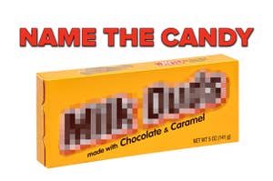 "Name the candy" — above a blurred out box of Milk Duds