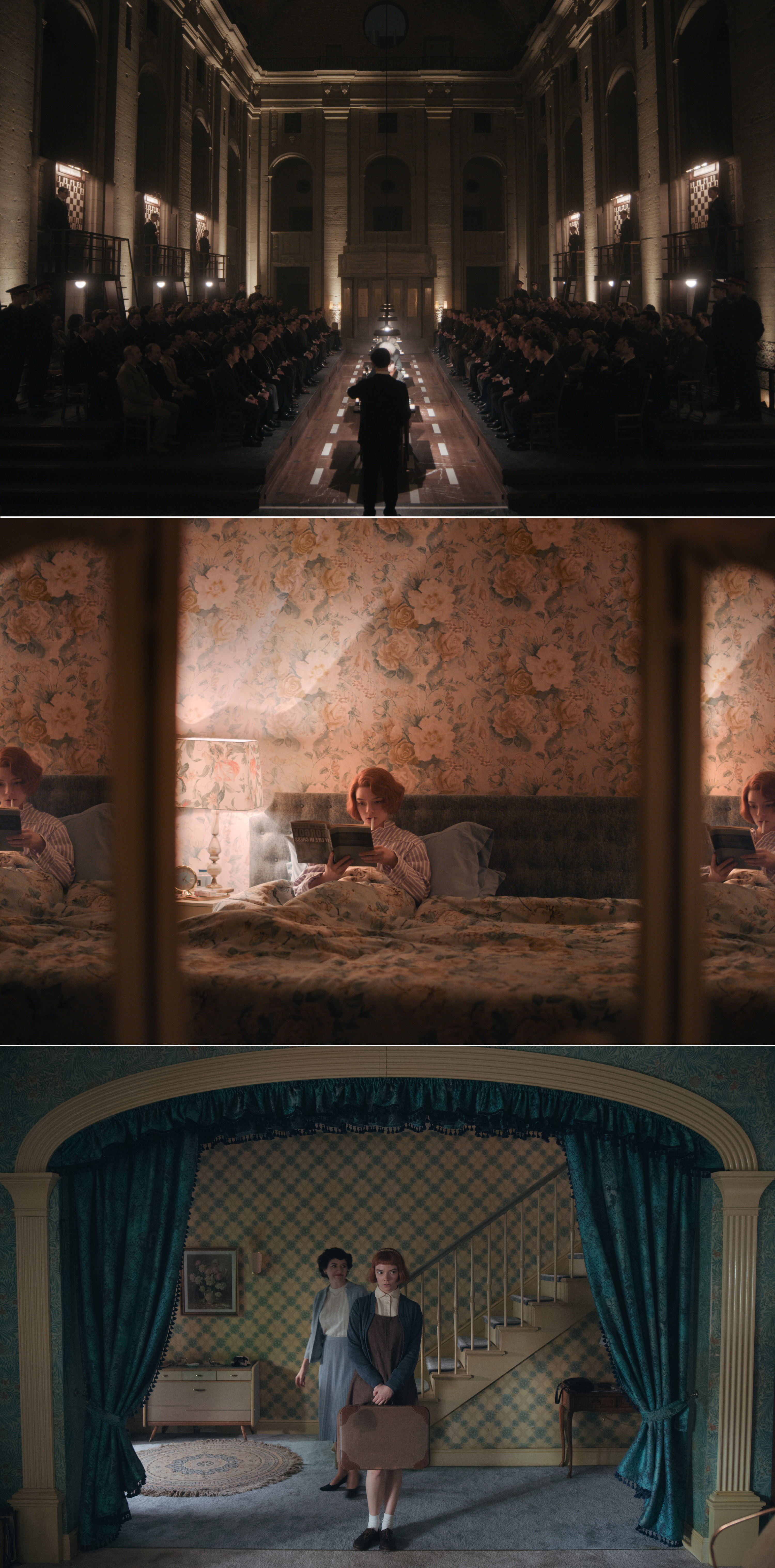 Wide shots of a hall filled with people, Beth reading and smoking in her bed, and Beth holding a suitcase while standing at the entrance to a room 
