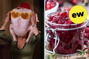 A woman is wearing a turkey on her head with cranberry sauce on the right labeled, "ew"