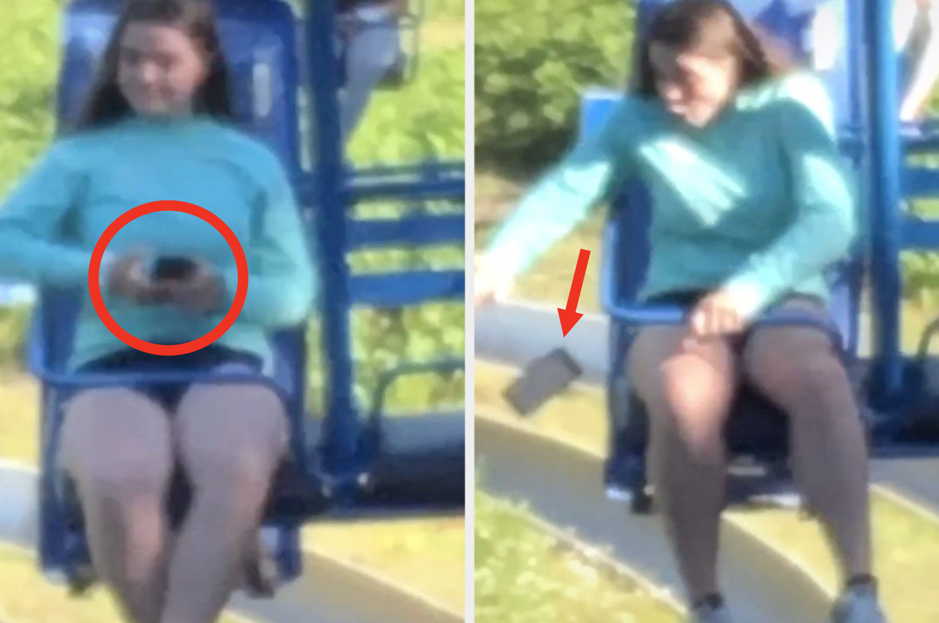 Someone holds their phone on a theme park ride above ground and then reacts in shock when they accidentally drop it