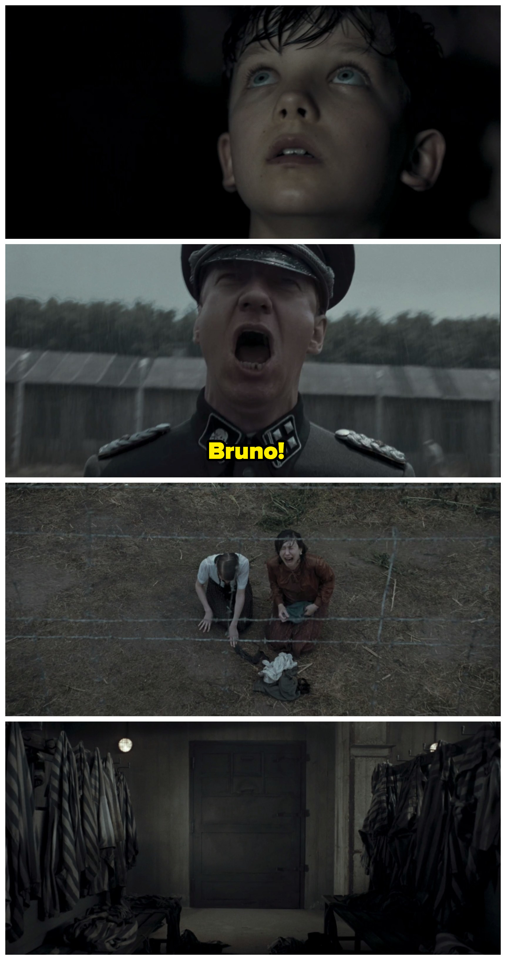 A collage showing Bruno, with a worried expression on his face; his father is screaming his name and others are sobbing when they realise what has happened; the last photo is of the gas chamber with the door closed