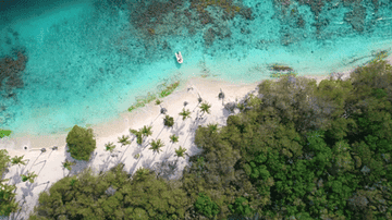 GIF showing drone footage of a secluded tropical beach with shallow water.