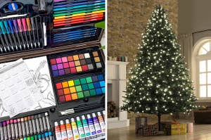 On the left, an art essential set, and on the right, a faux Christmas tree