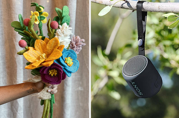 (left) Felt flower bouquet (right) Small black Bluetooth speaker