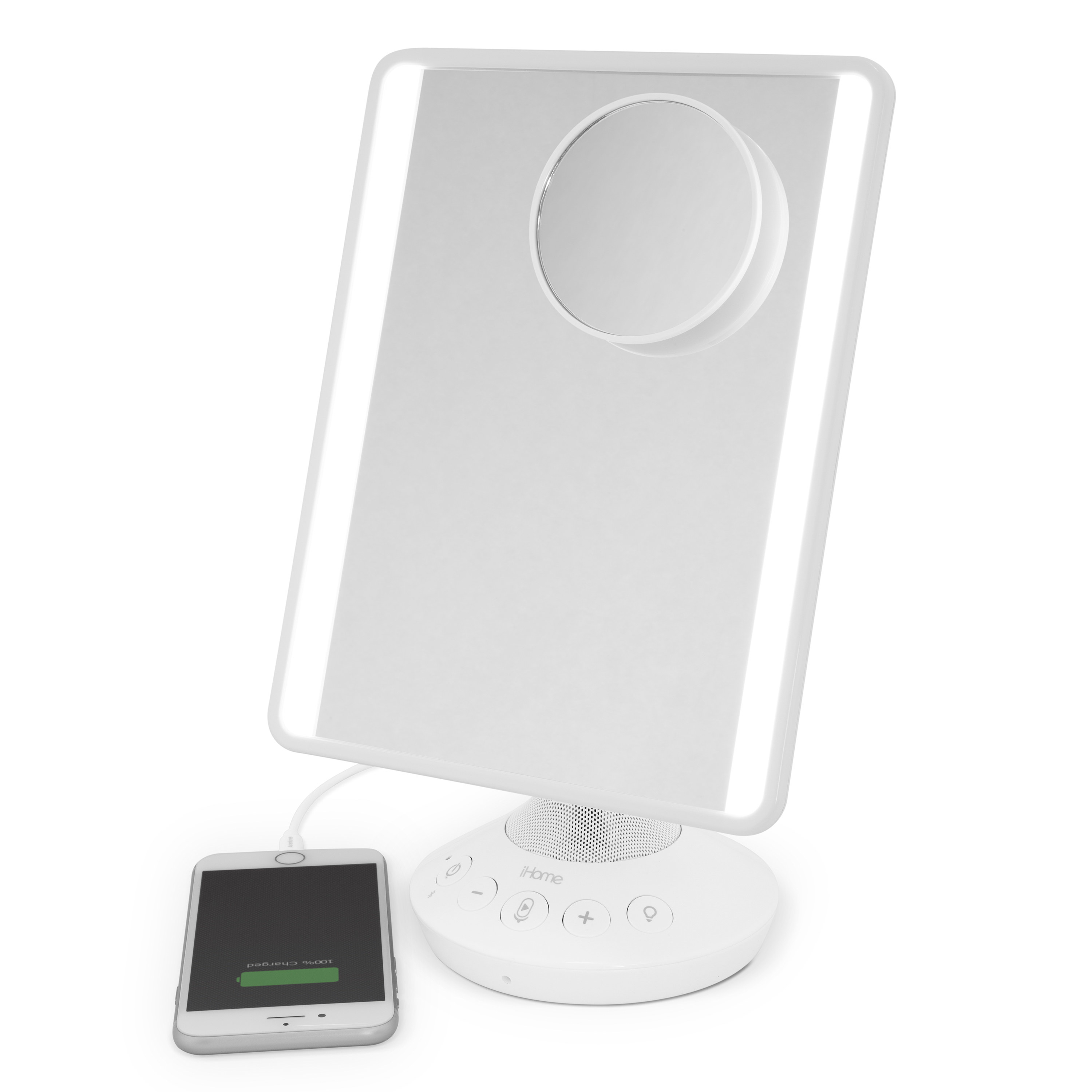 The mirror with a charging phone attached