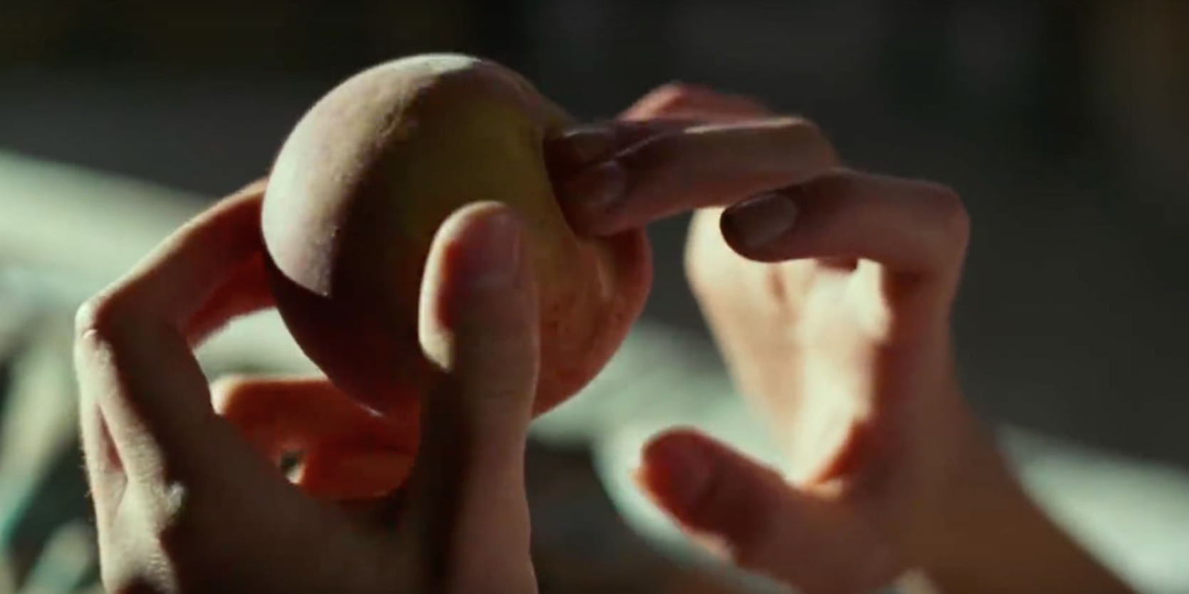 Timothée Chalamet as Elio fingering a peach in &quot;Call Me by Your Name&quot;