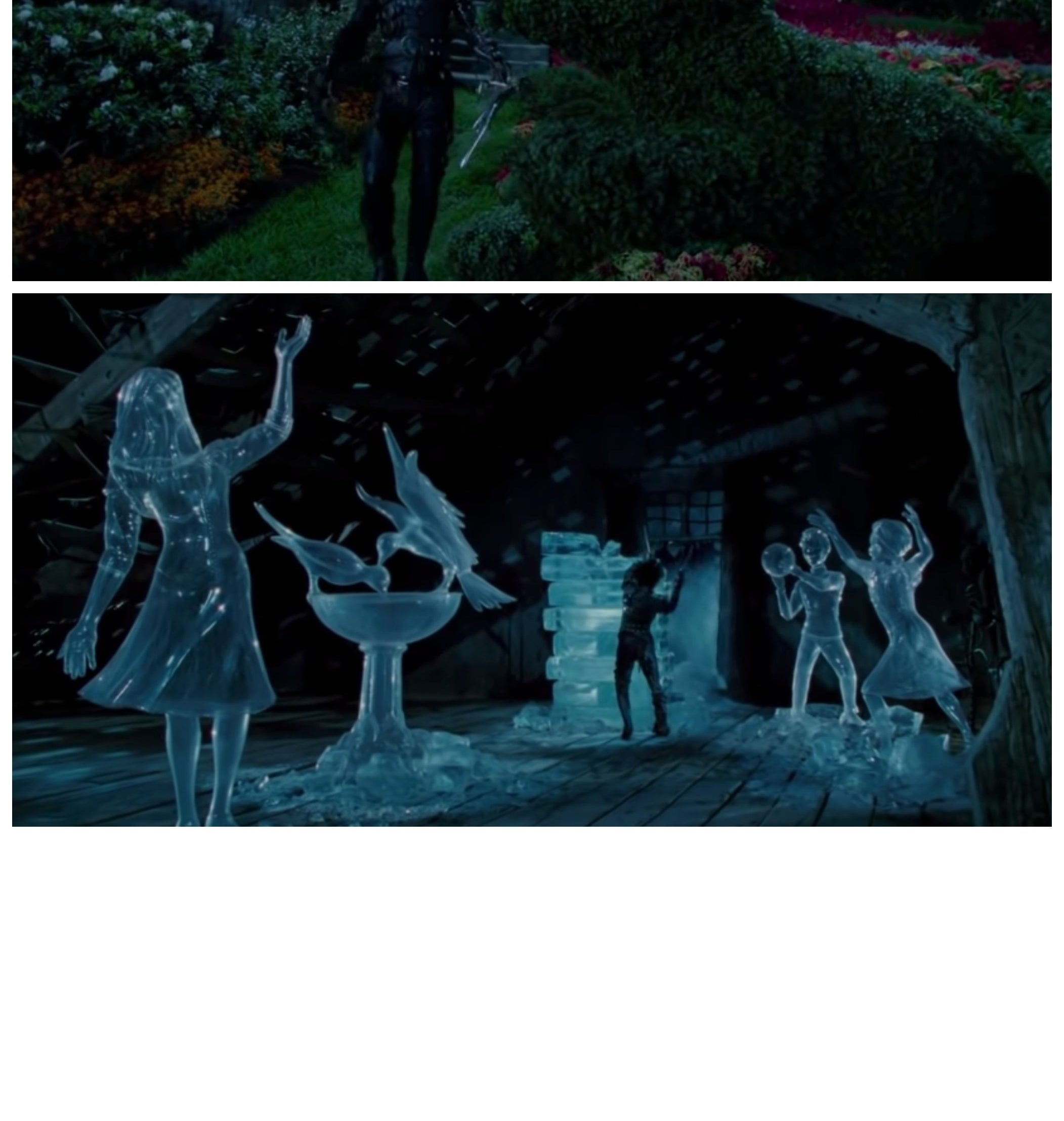 A collage showing Edward Scissorhands trimming hedges and carving ice sculptures in his tower