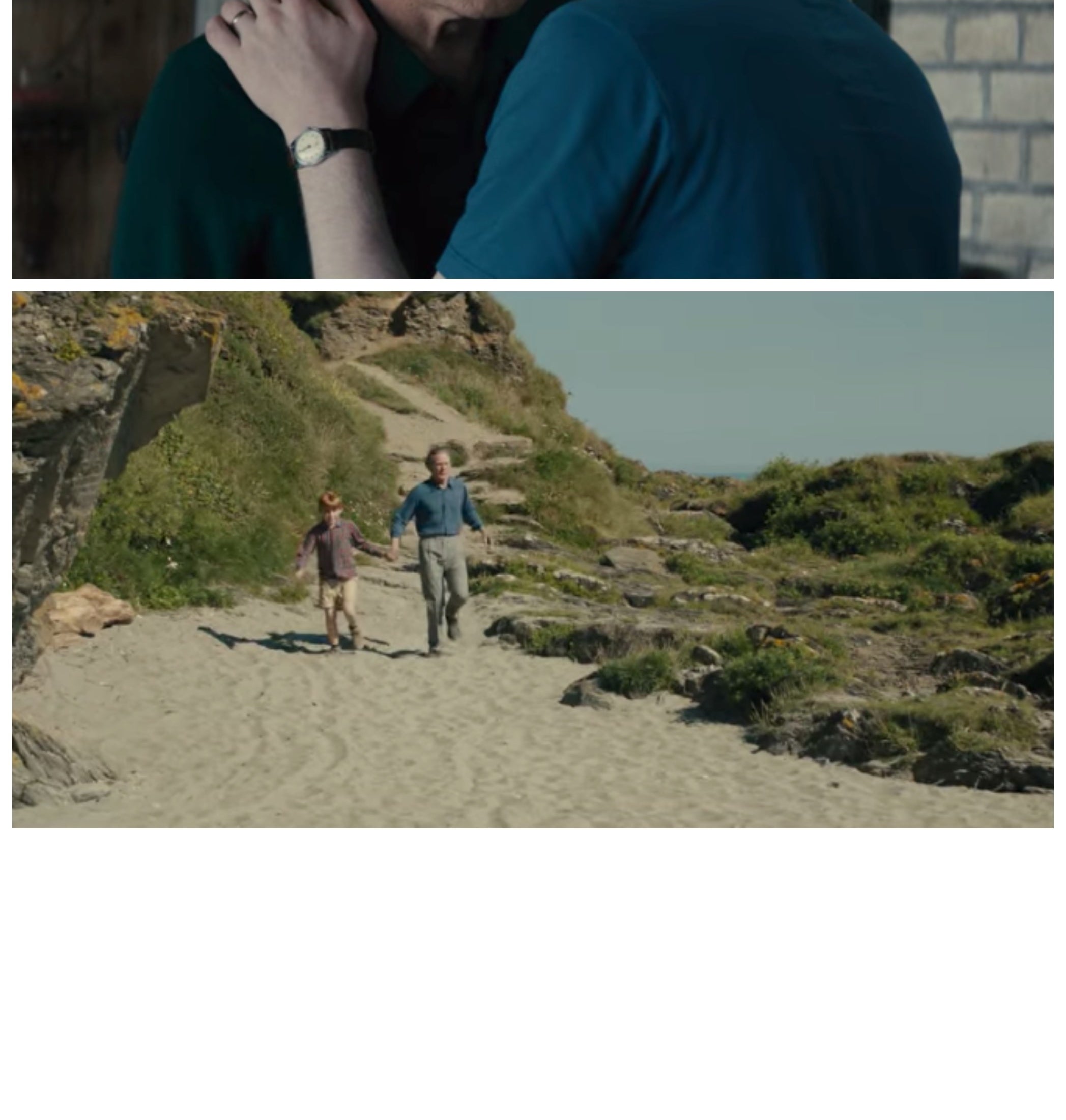 A collage of Tim kissing his father on the cheek and them walking down towards the beach in a childhood memory of Tim&#x27;s