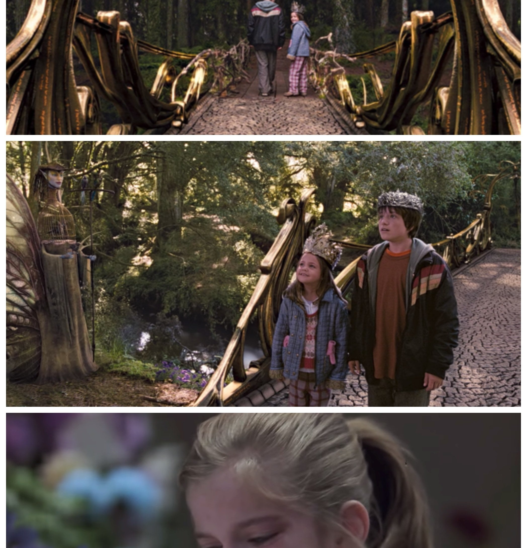 Jess and May Belle walking across the newly built bridge into Terabithia