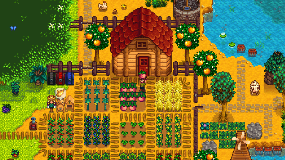 An RPC carries vegetables around their garden in Stardew Valley