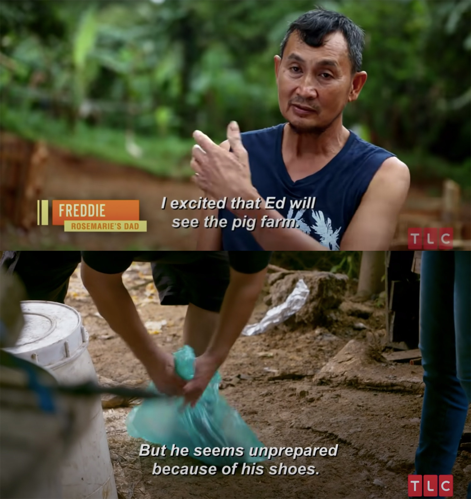 Ed covers his shoes in plastic bags at the pig farm