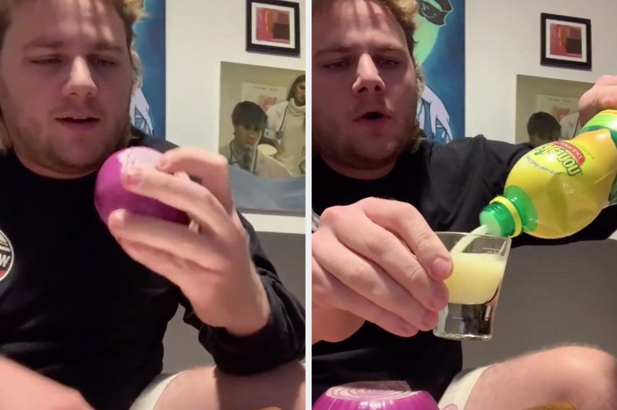 Russell about to eat an onion on the left, and pouring a shot of lemon juice on the right.