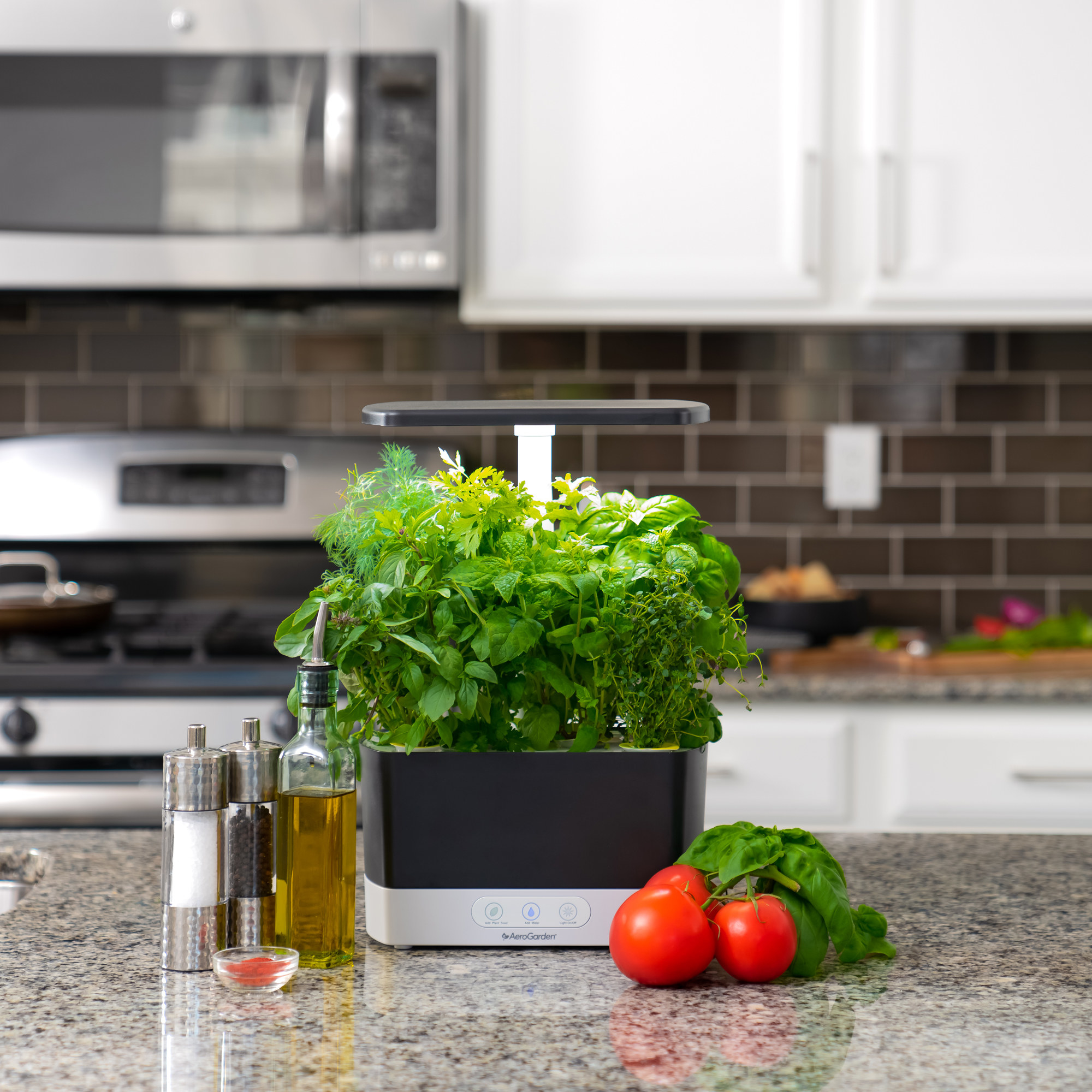 The Aerogarden, full of herbs, with some spices and vegetables in a kitchen