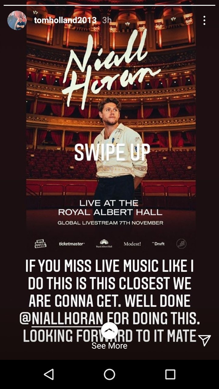 tom holland advertises niall horan&#x27;s virtual concert as royal albert hall on tom holland&#x27;s Instagram story