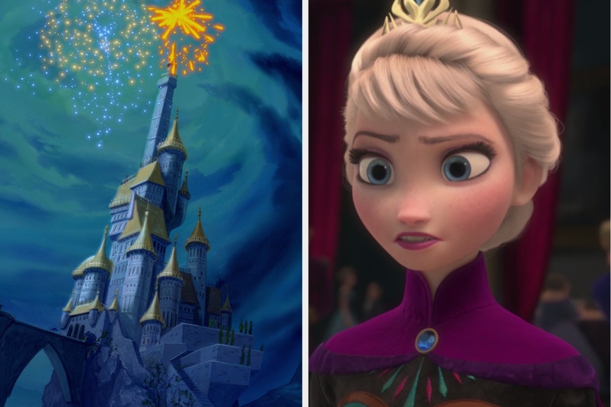 Side-by-side images of Beast's castle from 