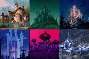Side-by-side images of several Disney castles including Jasmine's palace, Cinderella's castle, and Anna's castle