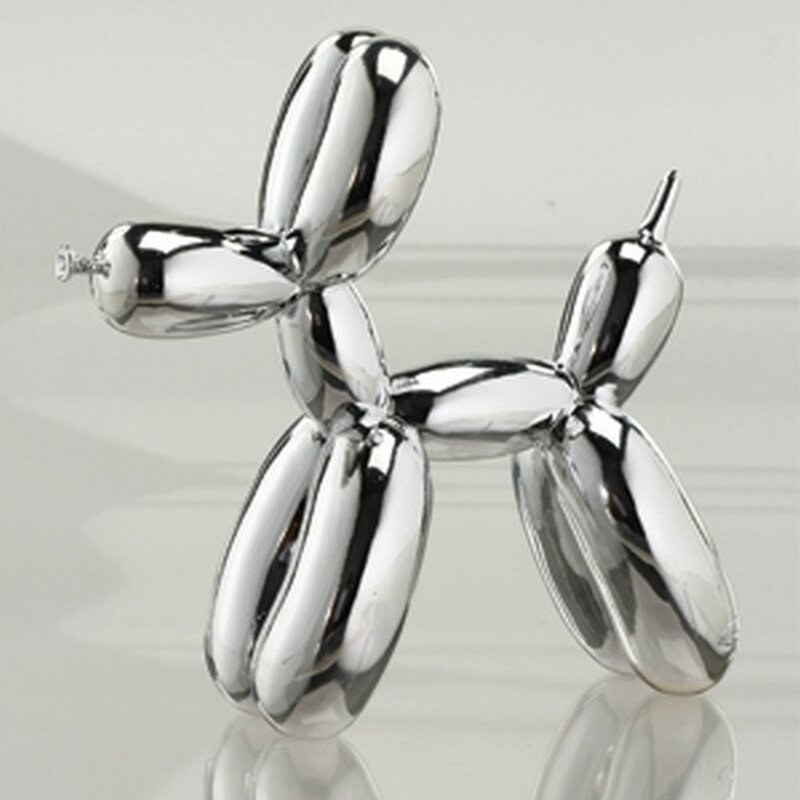 A silver balloon dog sculpture that looks like a knockoff of artist Jeff Koons&#x27; creation 