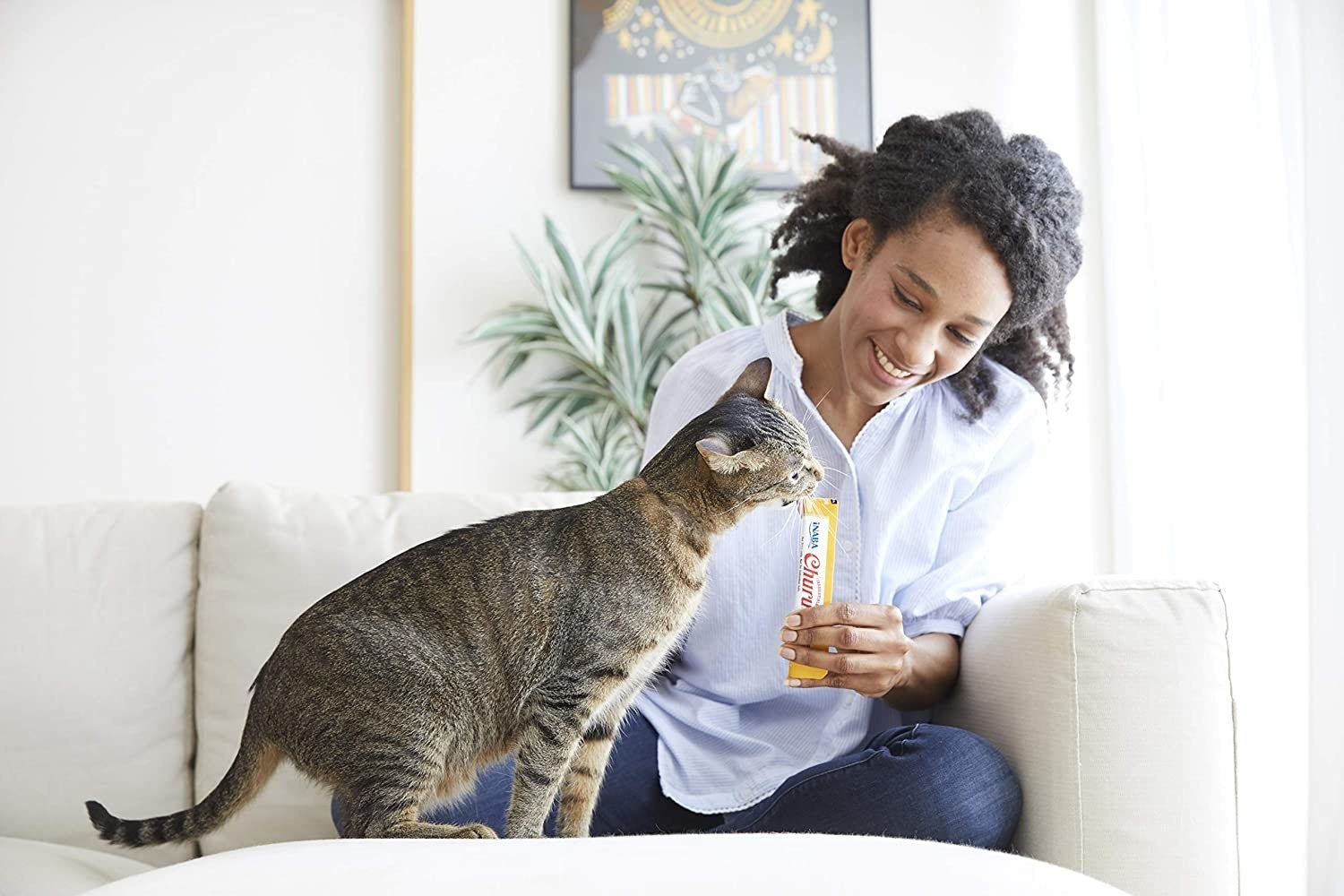 a person feeding their cat with a lickable treat