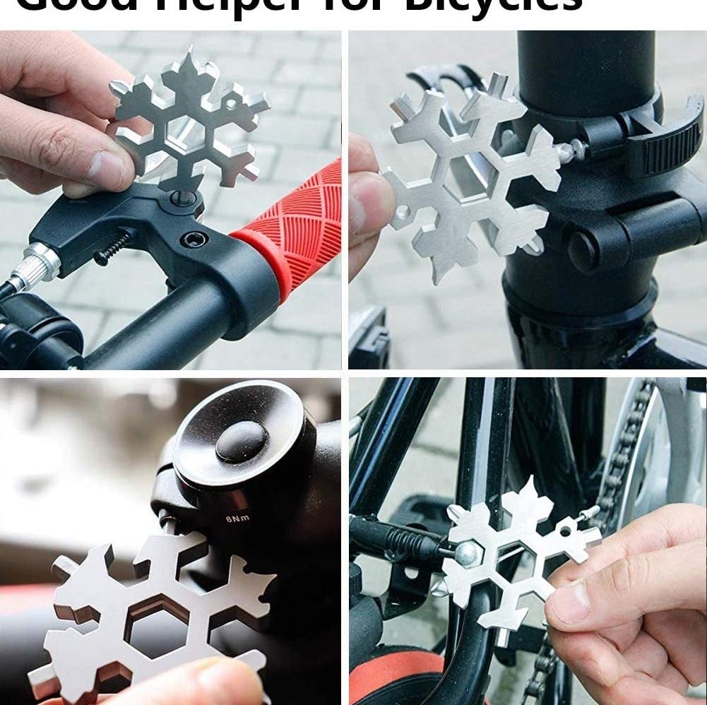 A person using the tool to fix various parts of their bike