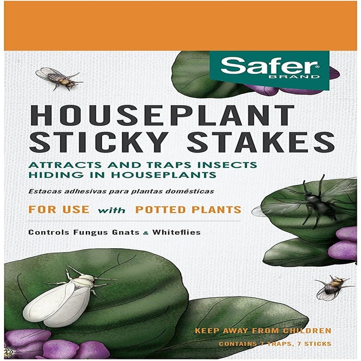 Packaging that read "Houseplant Stick Stakes, attracts and traps insects hiding in houseplants" 
