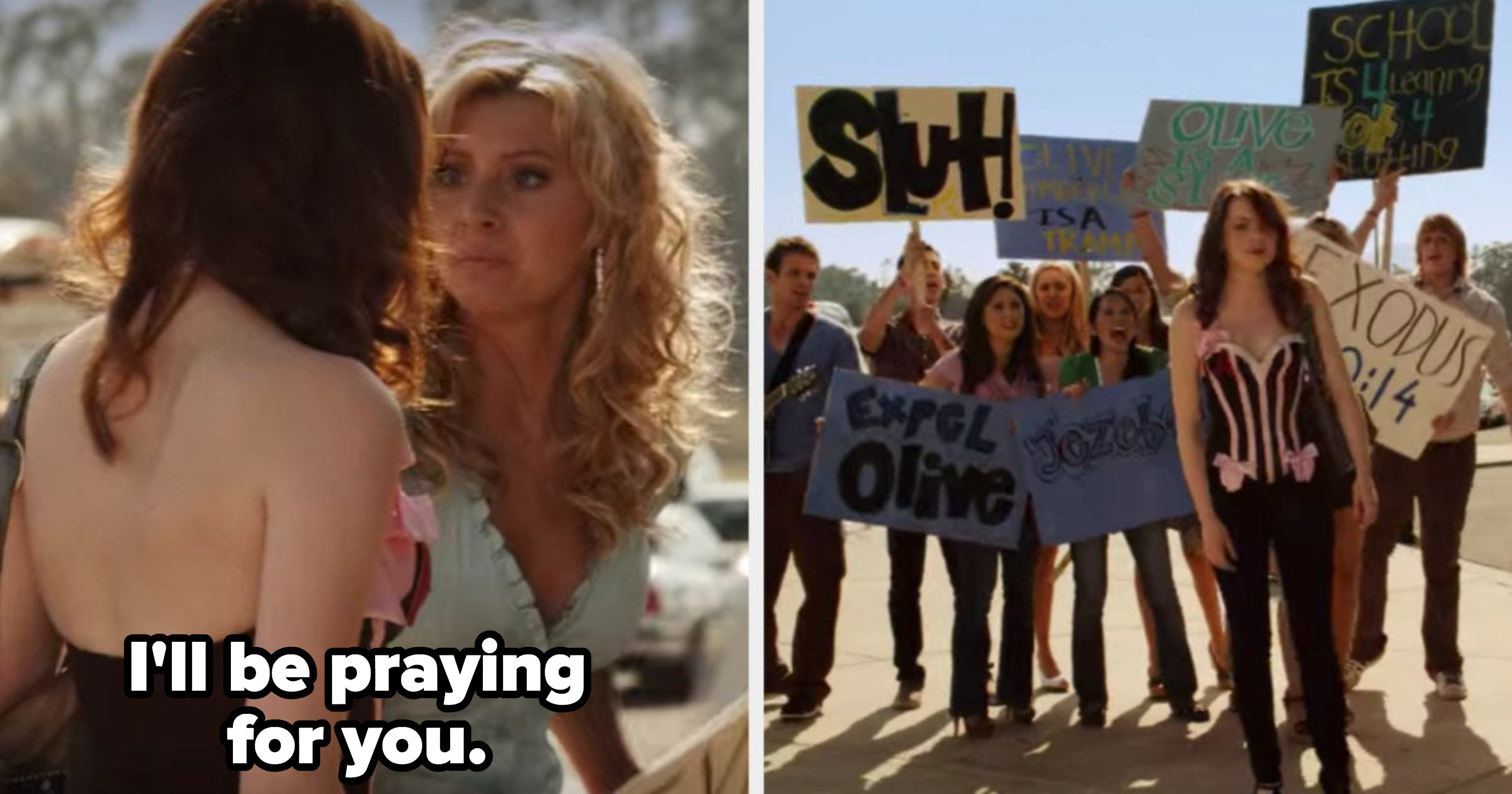 Rhiannon telling Olive she&#x27;ll be praying for her while other religious students harass Olive with slut-shaming signs in &quot;Easy A&quot;