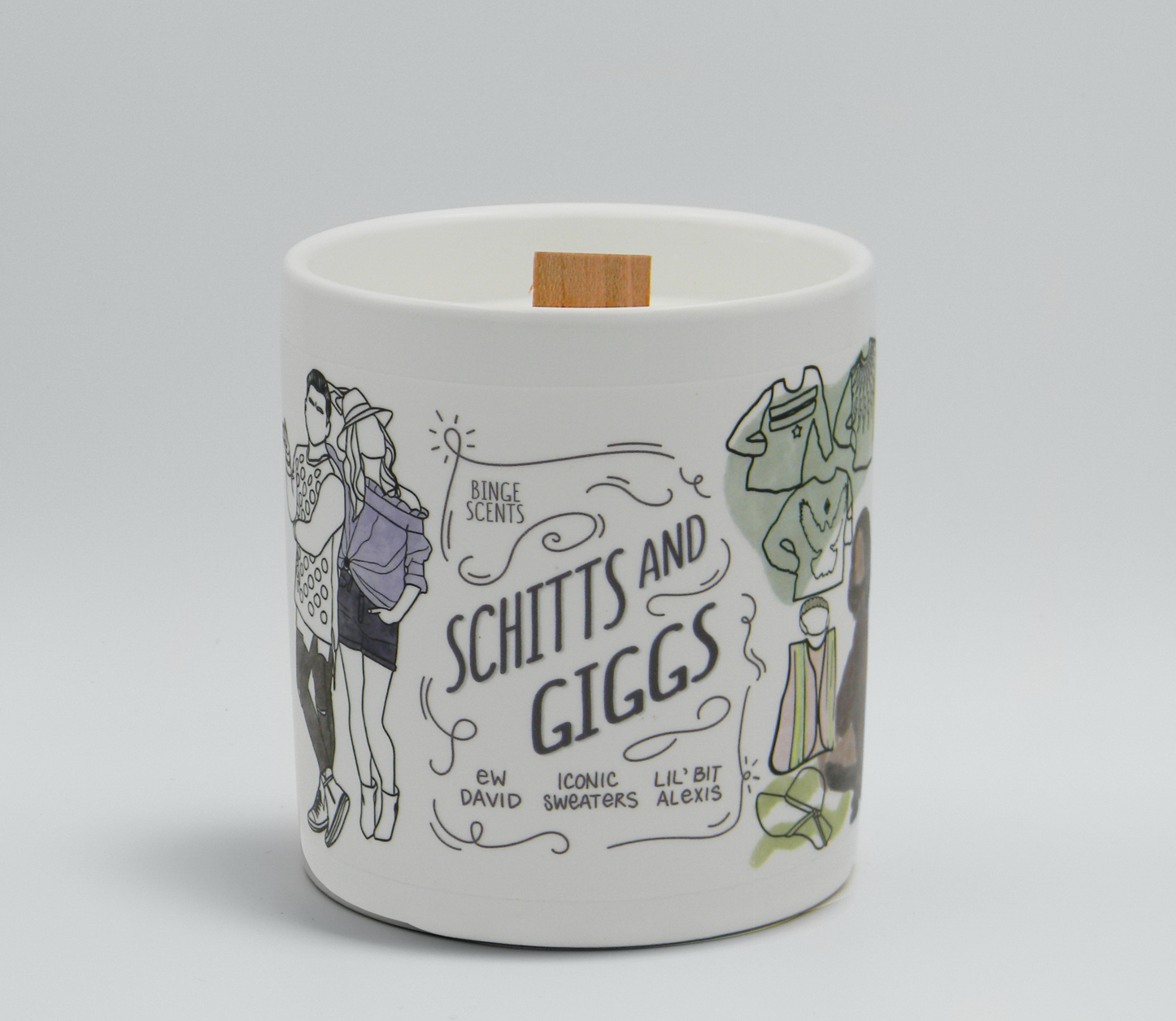 a white candle with an array of schitt's creek themed illustrations on it