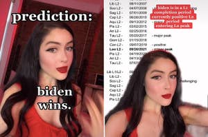 Screenshots from a TikTok that say, "Prediction: Biden wins" and a chart showing Biden going into an astrological "life peak"