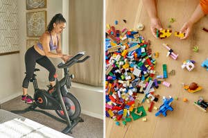 person on a exercise bike on the left and child playing with lego bricks on the right