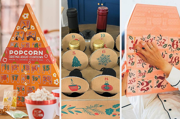 to the left: a popcorn advent calendar, middle: a wine advent calendar, to the right: a model opening a pink advent calendar