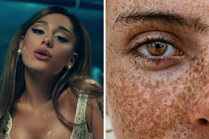 On the left, Ariana Grande in the "Positions" music video, and on the right, a closeup of someone's eye
