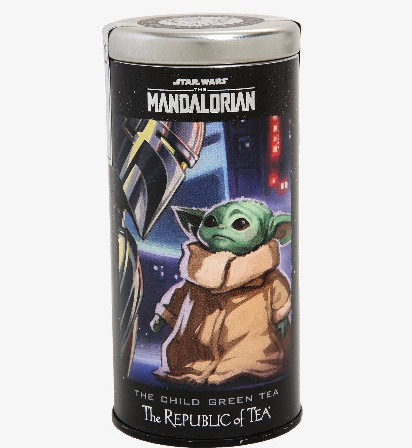 Tin with round tea bags and baby Yoda from The Mandalorian on case 