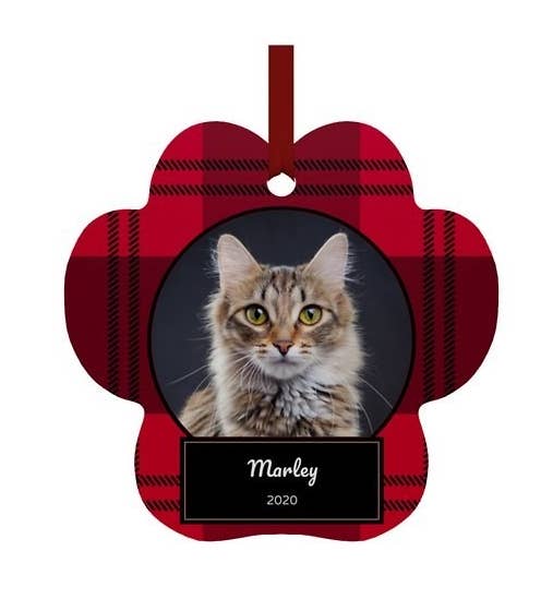 Paw-shaped plaid ornament with a cat picture that says "Marley 2020" on the front