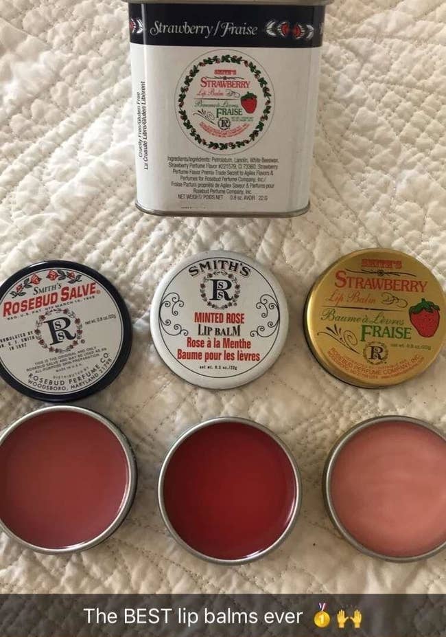 Three open tins of Rosebud Salve with a caption that reads 