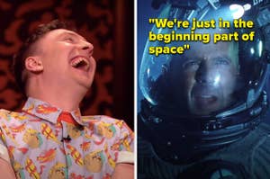 "We're just in the beginning part of space" written over Bruce Willis in "Armageddon" and a man laughing