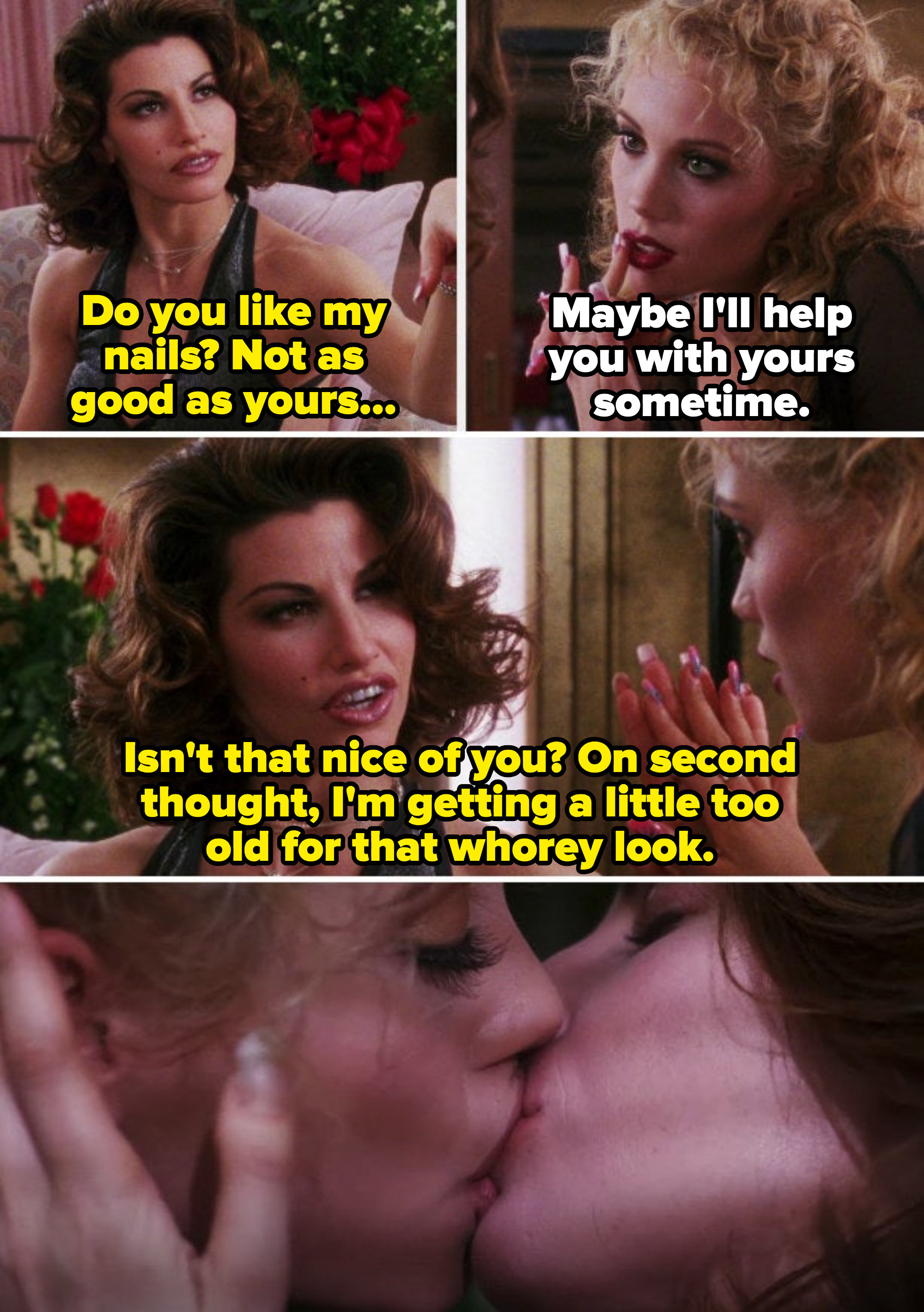 Cristal insulting Nomi&#x27;s nails in &quot;Showgirls;&quot; Nomi and Cristal kissing in the hospital