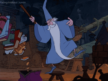 A wizard jumping around with his wand and floating books landing in a bag