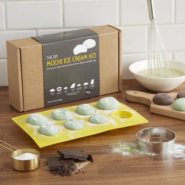Mochi inside silicone mold beside ingredients and packaging 