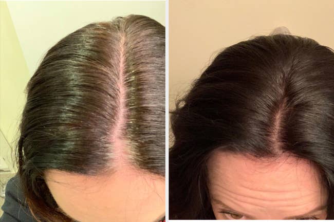Reviewer showing gray roots in hair and same reviewer showing touched up roots that match their dark brown hair 