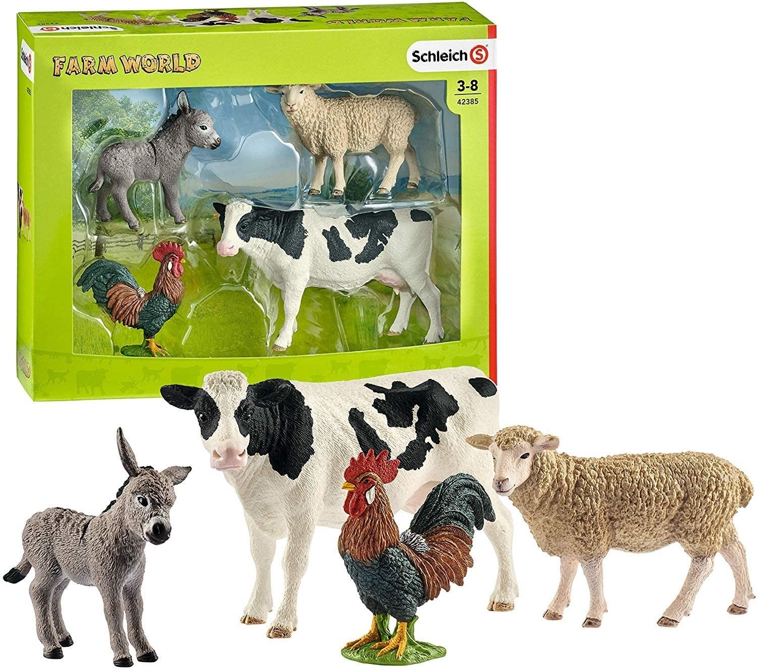 Children's toy figures of a donkey, cow, rooster, and sheep