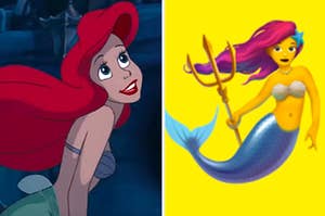 Ariel is swimming on the left with a mermaid emoji on the right
