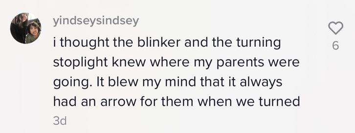 &quot;i thought the blinker and the turning stoplight knew where my parents were going. It blew my mind that it always had an arrow for them when we turned&quot;