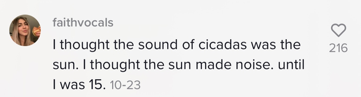 Person saying, &quot;...I thought the sun made noise until I was 15&quot;