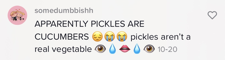 Person says, &quot;...pickles aren&#x27;t a real vegetable&quot;