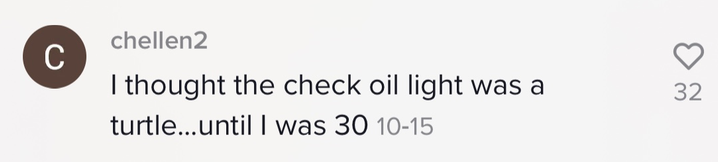 Person says, &quot;I thought the check oil light was a turtle...until I was 30&quot;