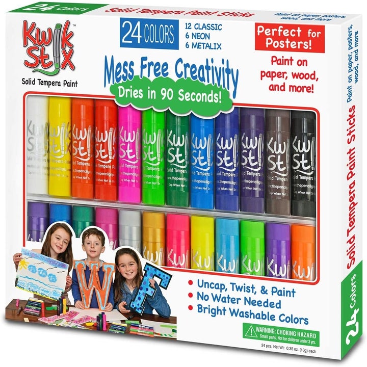 A box of multicolored paint sticks