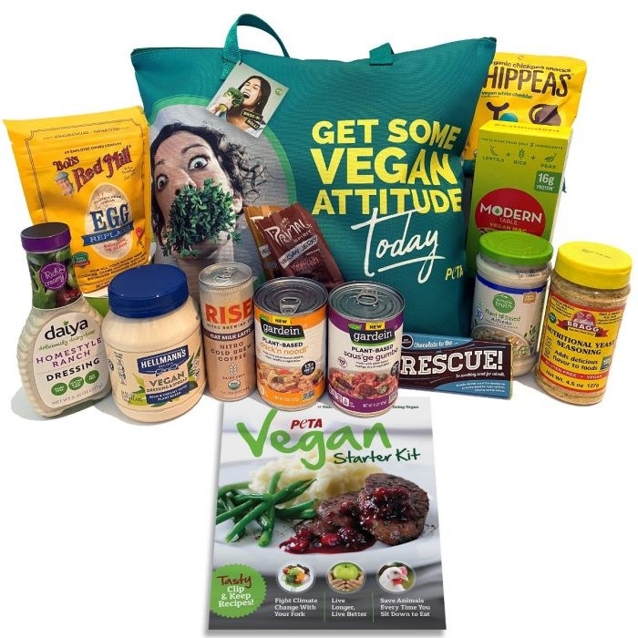 Tote bag with several vegan foods and ingredients 
