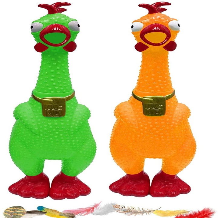 The open-mouthed rubber chickens in green and orange