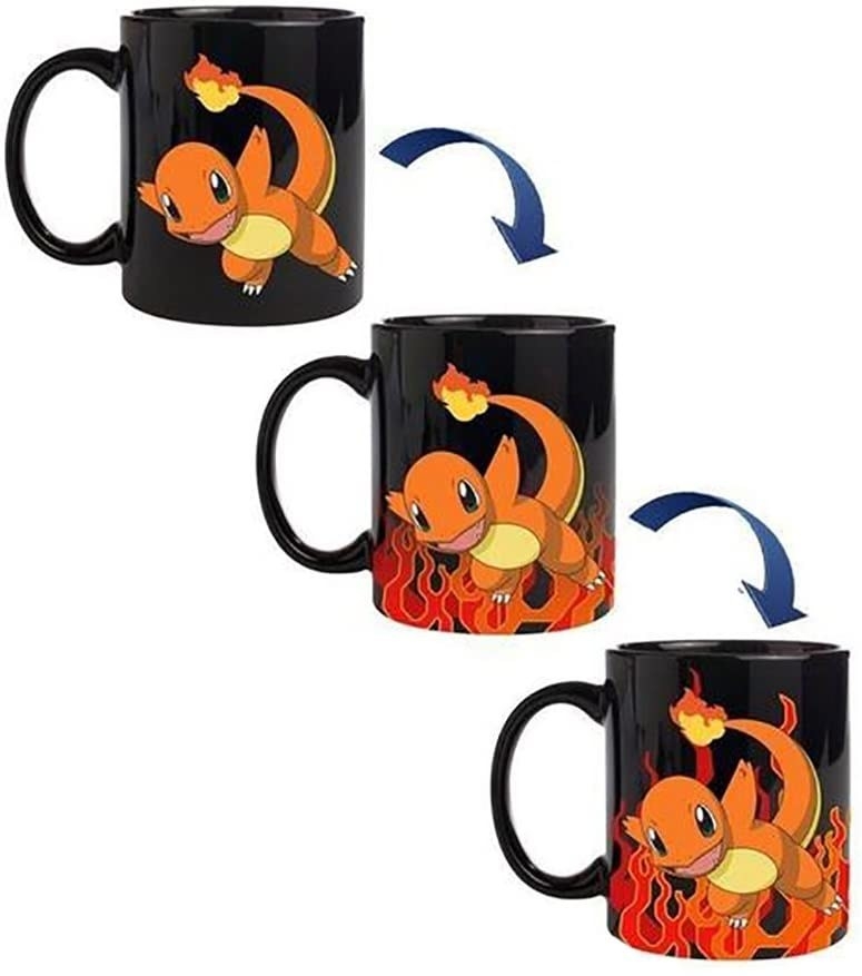 A diagram that shows how the mug changes from black with Charmander on it to Charmander surrounded by flames when a hot drink is added