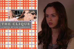 Split Image: the clique book cover on the left and Massie Block sitting at her computer on the right