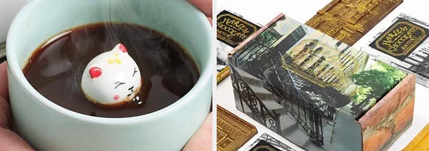 On the left, hands holding a mug with a cat figurine in it. On the right, Harlem Chocolate Factory chocolate bars